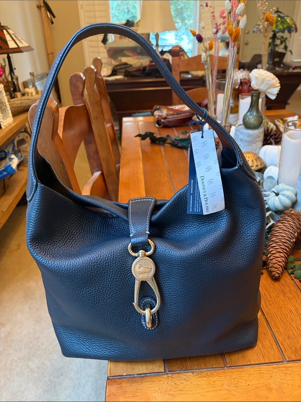Dooney & Bourke Navy Pebble Leather Shoulder Hobo with Gold Hardware